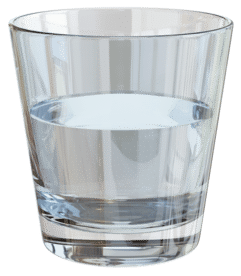 A half full and half empty glass of water.