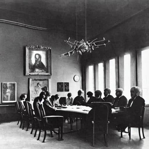 A boardroom with Leonardo da Vinci, Albert Einstein, Charles Darwin, Marie Curie, Richard Feynman, Carl Sagan, Aristotle, Marcus Aurelius - Mind Palace