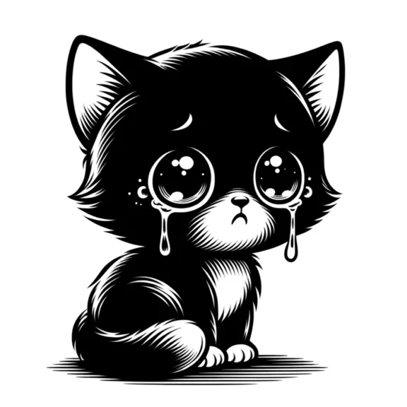 A black and white clip art illustration of a sad kitten