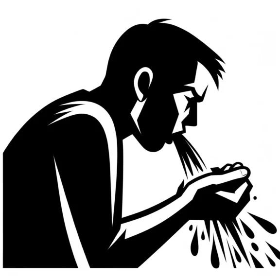 Black and white clip art illustration of a vomiting person.